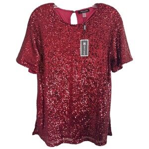 Cable & Gauge Woman's Full Sequin Blouse Top Short Sleeve Lined Size S Rio Red